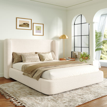 Polsterbett,Doppelbett,hydraulisches Funktionsbett,Bett mit Lattenrost, Kopfteil und  großem Stauraum, gepolstertes Kopfteil, Beige Bouclé, 180 x 200