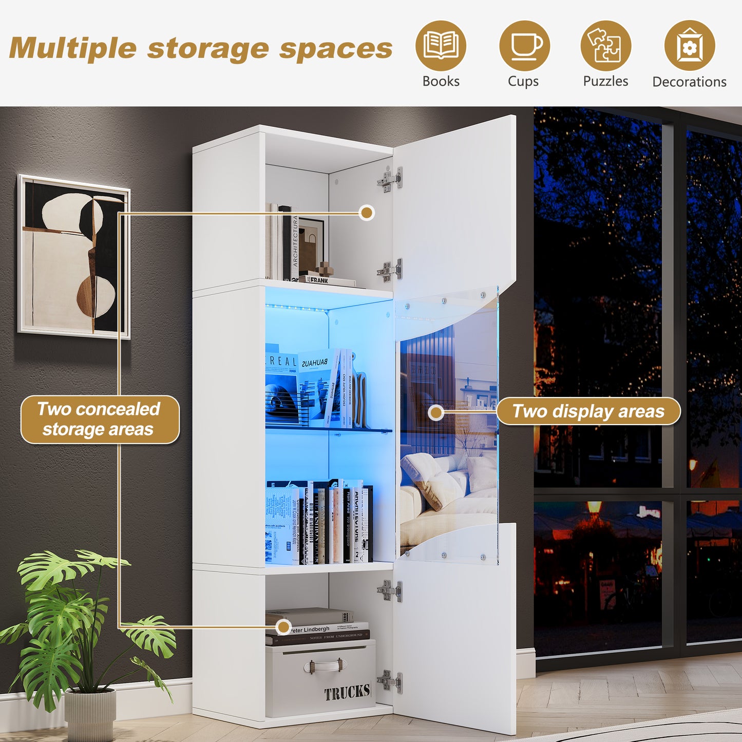 35*50*165cm Wohnzimmer-Vitrinenschrank,Hochglänzender Vitrinenschrank (Schranktüren), hoher Schrank mit großem Stauraum und LED-Beleuchtung.konkav bogenförmige Wellenoberflächengestaltung,Weiß