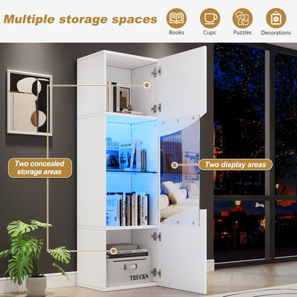 35*50*165cm Wohnzimmer-Vitrinenschrank,Hochglänzender Vitrinenschrank (Schranktüren), hoher Schrank mit großem Stauraum und LED-Beleuchtung.konkav bogenförmige Wellenoberflächengestaltung,Weiß