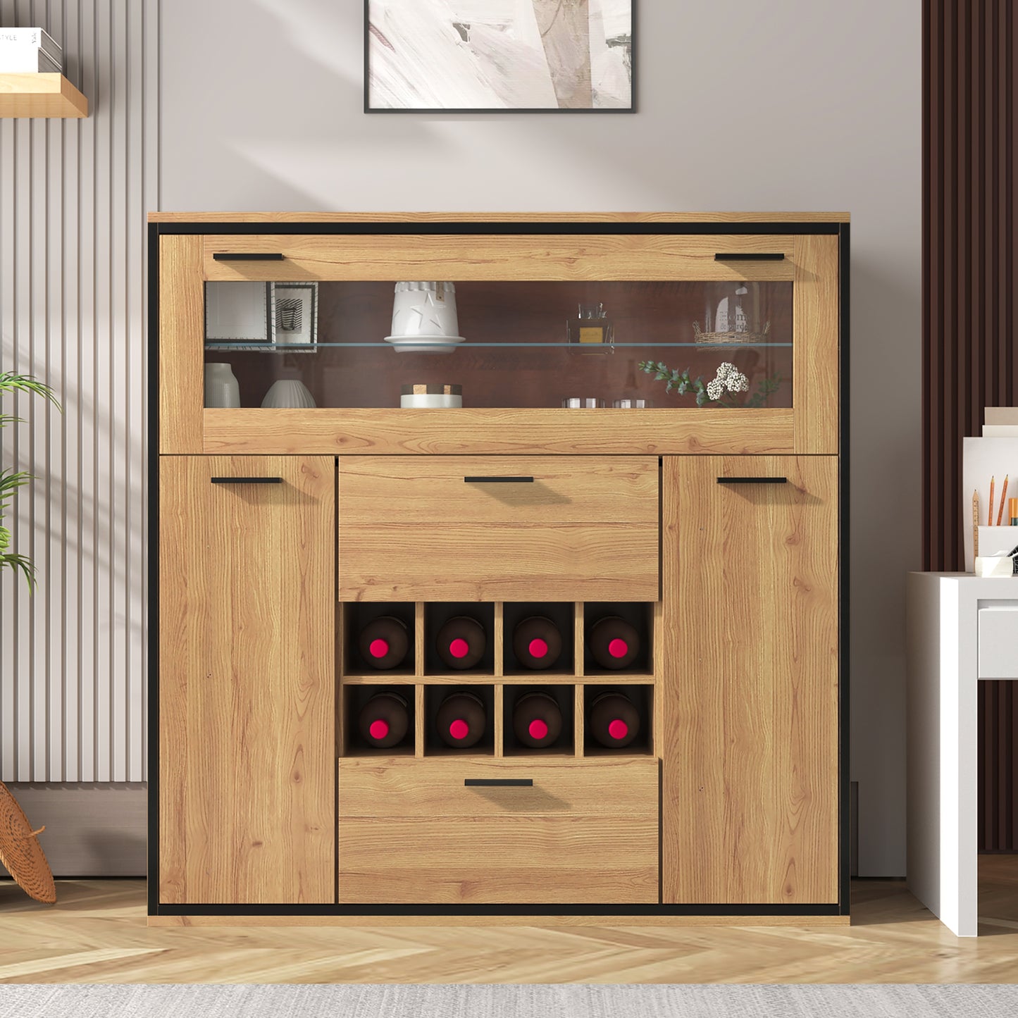 Gigab2b original image - Sideboard, Eleganter Weinschrank mit Doppeltüren, Glasregal und Weinhalterung - Perfekte Aufbewahrung in einem stilvollen Sideboard