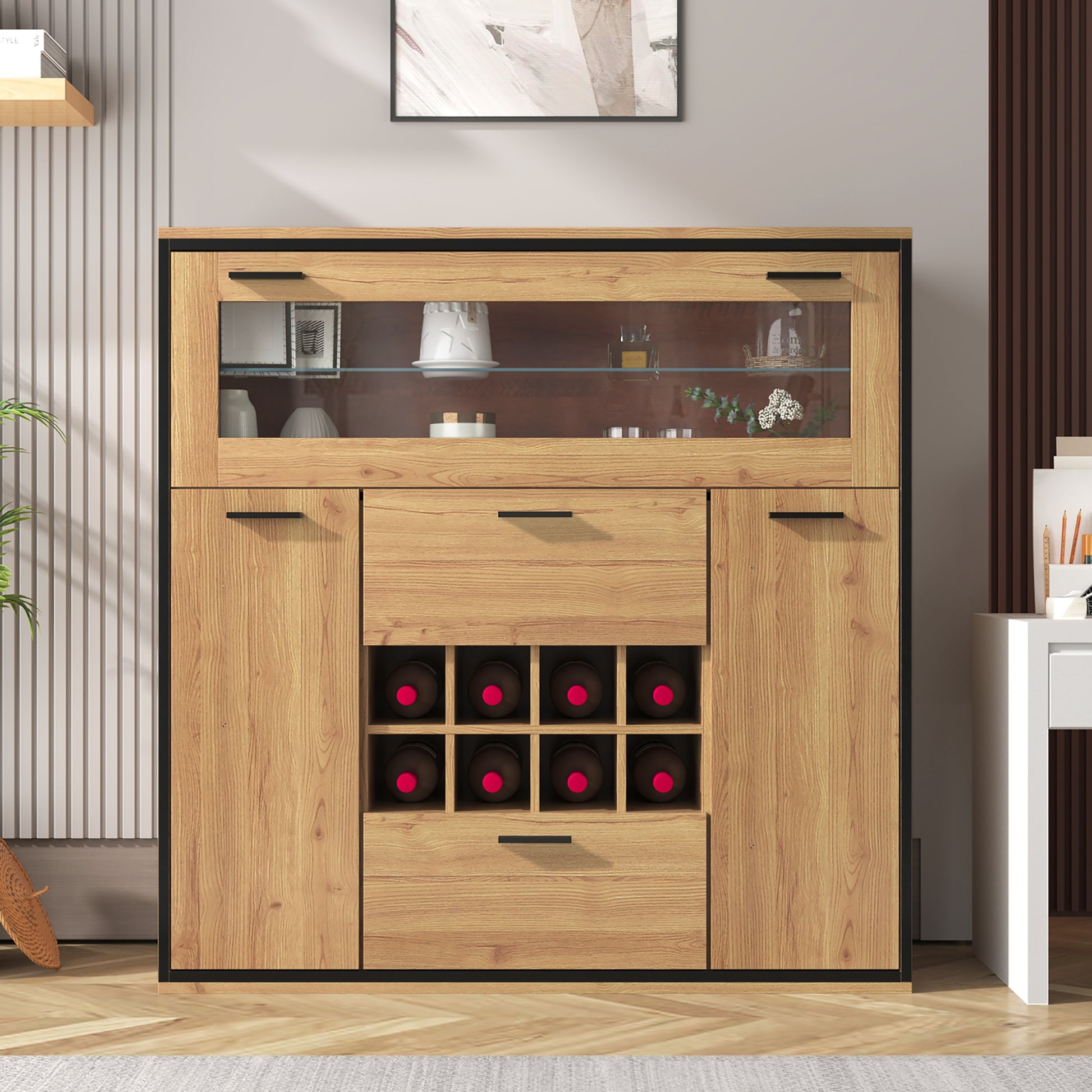 Gigab2b original image - Sideboard, Eleganter Weinschrank mit Doppeltüren, Glasregal und Weinhalterung - Perfekte Aufbewahrung in einem stilvollen Sideboard