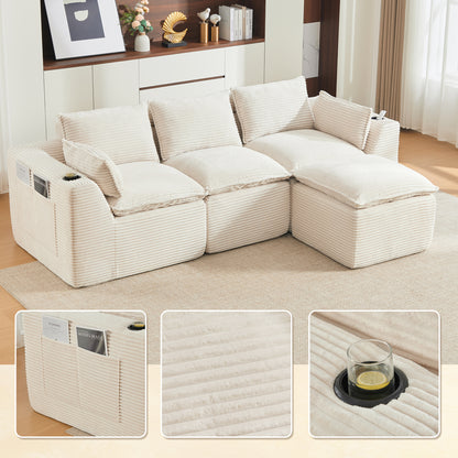 Gigab2b original image - Modulares 3-Sitzer-Sofa + Fußhocker, inklusive Kissen, Getränkehalter und 2 Seitentaschen. Mit einer Füllung aus Schaumstoff und Federkern. Ideal für Wohnzimmer und ähnliche Räume (beiger Cordstoff)