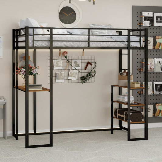 Gigab2b original image - Eisenrahmenbett mit Bett und Tisch,Maße 90*190 cm, Kinder- und Jugendheimbett mit L-förmigem Schreibtisch, Eisenrahmenbett mit Geländer und Treppe, mit Treppe auf beiden Seiten beliebig platzierbar