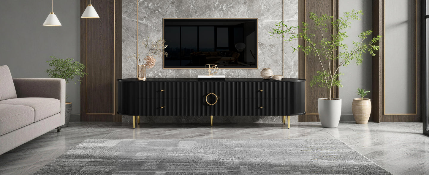 TV-Schrank, Lowboard, dreidimensionale Wellenstruktur, abgerundete Kanten, MDF-Korpus, Aluminiumgriffe, Eisenfüße, fester Einlegeboden, Kabeldurchlass, Wohnzimmer
