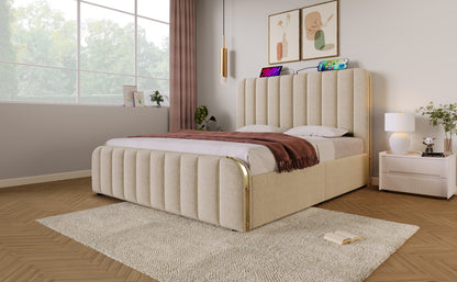 Polsterbett Doppeltes, gepolstertes Kopfteil mit goldenen Zierstreifen und ,USB Typ-C Ladefunktion 140*190 cm, Beige Leinen-Material Hydraulisches Lagerbett,Belastbarkeit 181 kg (Ohne Matratze)