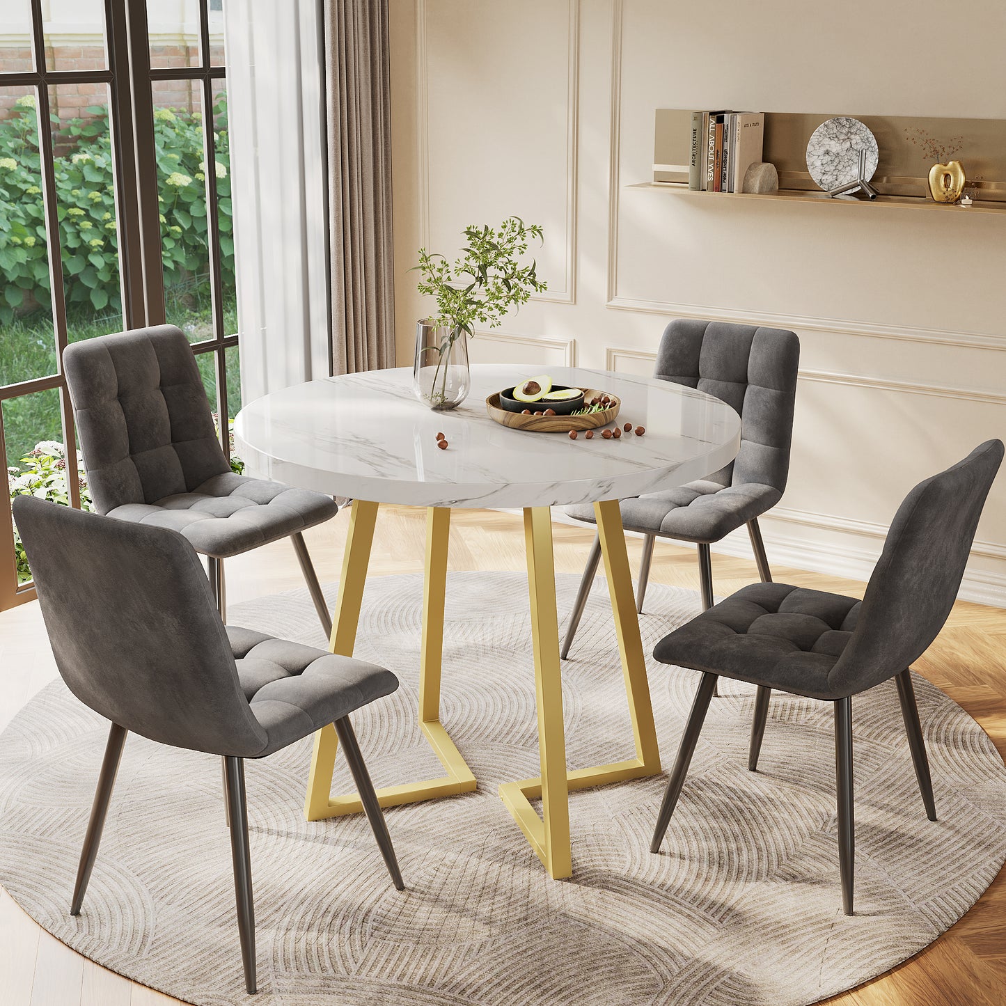 Gigab2b original image - Esstisch-Set (5-teilig), Esstisch-Set mit 4 Stühlen, modernes Küchentisch-Set, runder Küchentisch mit 80 cm Durchmesser und goldenen Metallbeinen, weiße MDF-Tischplatte, dunkelgraue Samt-Esszimmerstüh