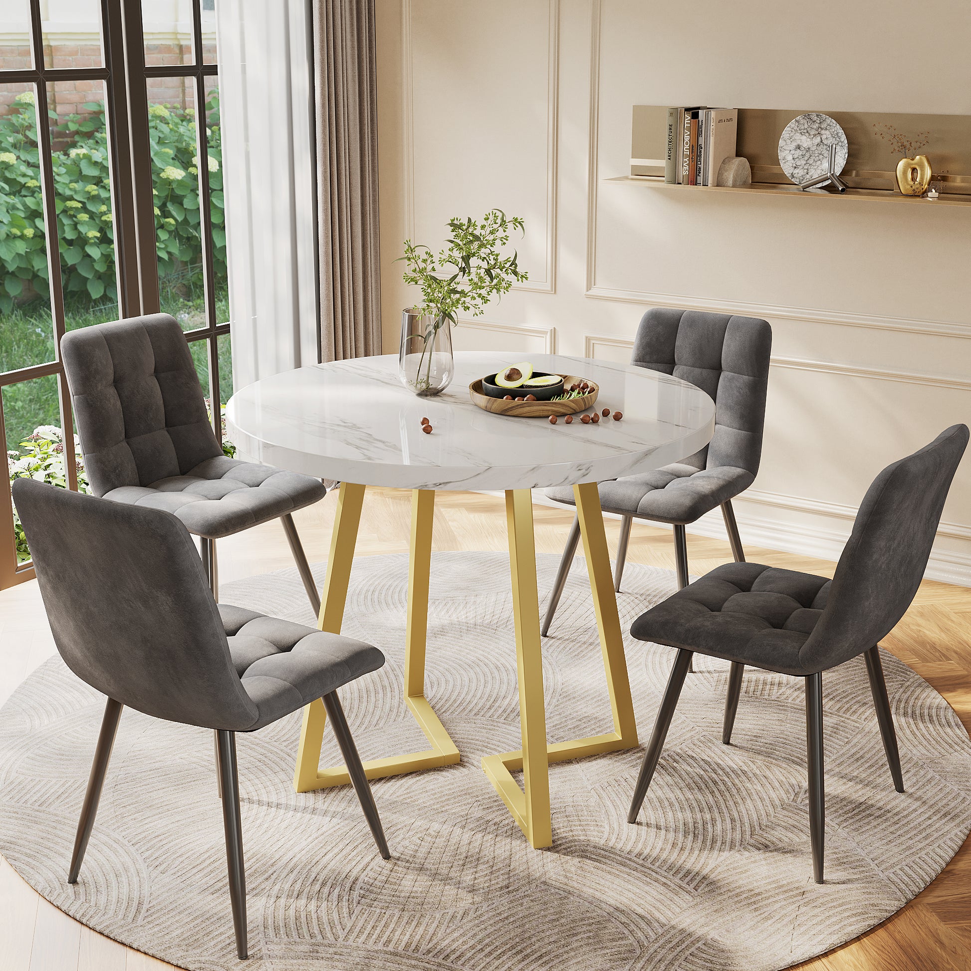 Gigab2b original image - Esstisch-Set (5-teilig), Esstisch-Set mit 4 Stühlen, modernes Küchentisch-Set, runder Küchentisch mit 80 cm Durchmesser und goldenen Metallbeinen, weiße MDF-Tischplatte, dunkelgraue Samt-Esszimmerstüh