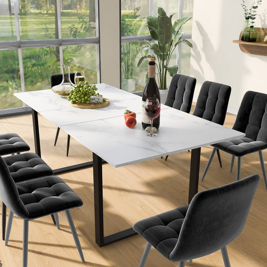 Gigab2b original image - Essgruppe,(Set,140/180×80×75cm Esstisch mit 8 Stühlen), Moderner Küchentisch Set ,Esszimmerstuhl aus grauem Samt ,MDF Tischplatte in Weißer,Schwarze Tischbeine