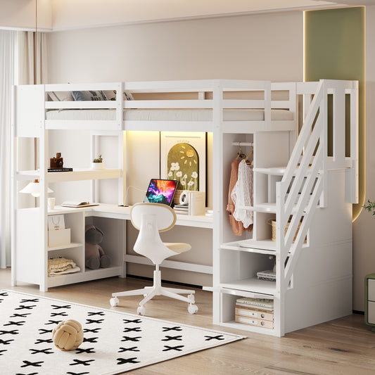 Gigab2b original image - Holz-Hochbett 90 × 200 cm, Einzelkleiderschrank, Großer Schreibtisch, Aufbewahrungsschrank; Bettablagefach, Treppe mit Stauraum, Ausgestattet mit europäischen Steckdosen und LED-Lichtleisten, Weiß.