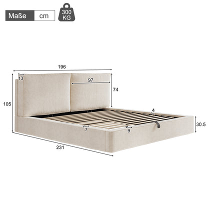 Polsterbett,Doppelbett,180 x 200cm,hydraulisches Funktionsbett,Bett mit Lattenrost, Kopfteil, gepolstertes Kopfteil, Beige, Cord