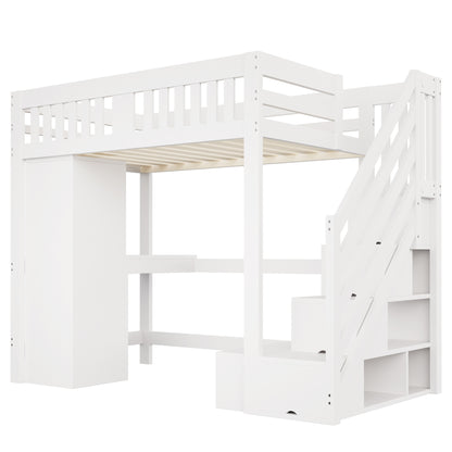 Wooden Bed, Stairs with Storage, and Desk Set