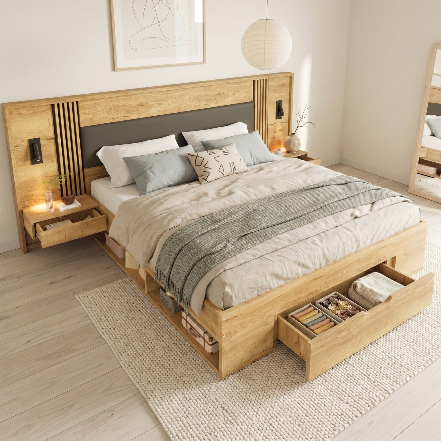 Doppelbett 180 200cm, Stauraumbett, holzbett, Jugendbett, mit Leselampe, mit 2 Nachttische, mit Schubladen,