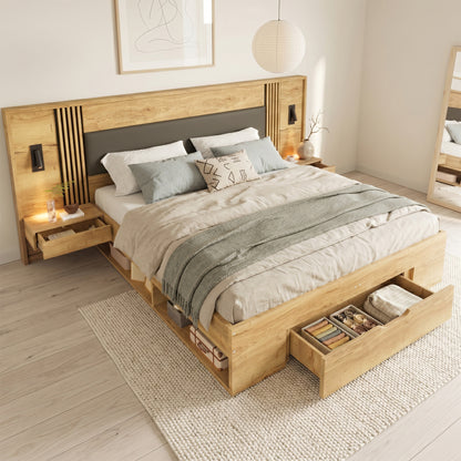 Doppelbett 180 200cm, Stauraumbett, holzbett, Jugendbett, mit Leselampe, mit 2 Nachttische, mit Schubladen,