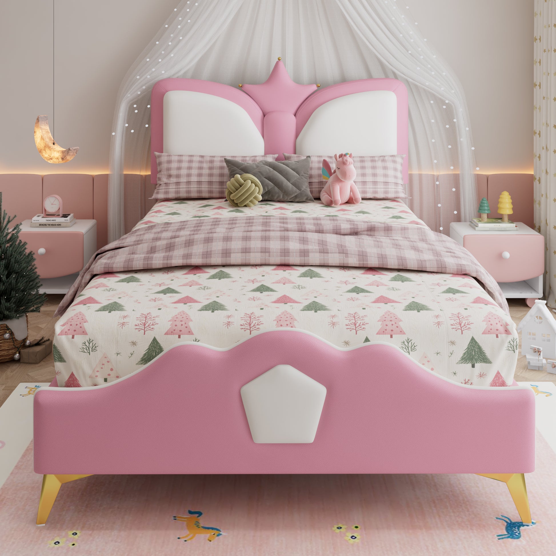 Gigab2b original image - Polsterbett, Einzelbett, Kinderbett, Kopfteil mit Kronenform, Weiche Antikollisions-Schwammkante und Kopfteil, Verspielte Farbgebung, PU + Eisen + Schwamm, Rosa+Weiß, 90x200cm