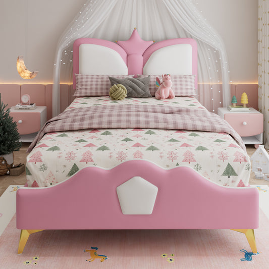Gigab2b original image - Polsterbett, Einzelbett, Kinderbett, Kopfteil mit Kronenform, Weiche Antikollisions-Schwammkante und Kopfteil, Verspielte Farbgebung, PU + Eisen + Schwamm, Rosa+Weiß, 90x200cm