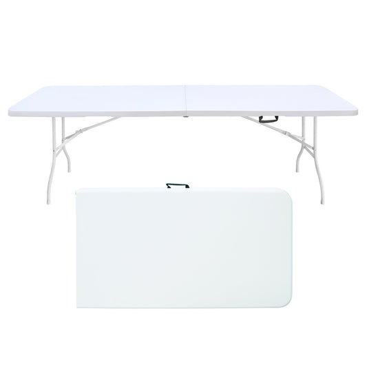 244cm Portable Heavy Duty Folding Table with Handle, Foldable Table, Multi-Functional Fold up Table for Camping Picnic Parties Indoor/Outdoor, Capacity Weight 135KG (White)