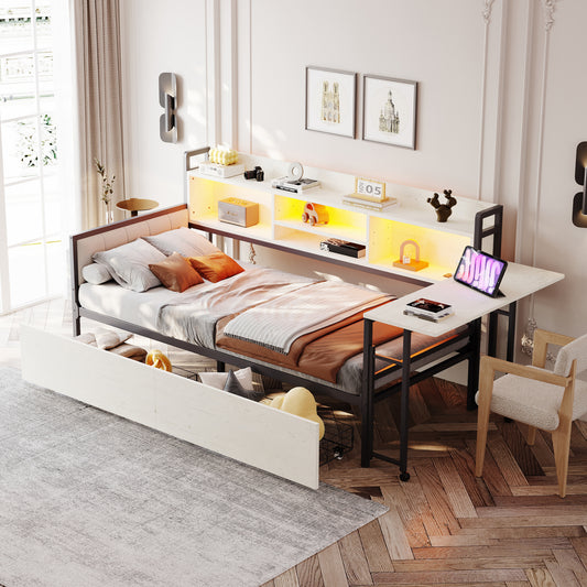 Gigab2b original image - Eisen Sofabett 90 x 200 cm, mit LED-Beleuchtung und Stauraum, mit Schubladen und multifunktionaler Steckdose, Ausklappbarem Schreibtisch, weicher Rückenlehne, Einzelbett,  Weiß