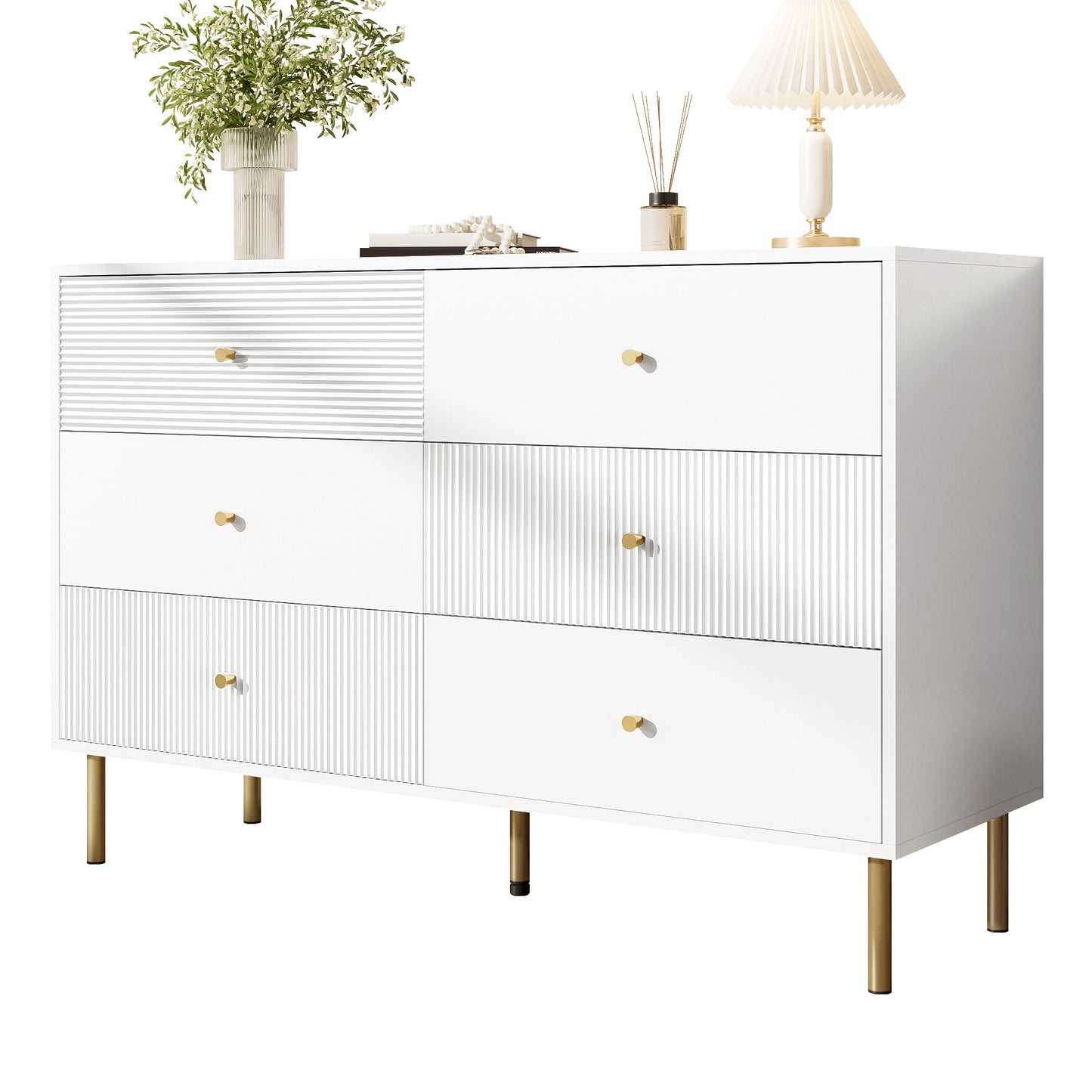 Gigab2b original image - Modernes 6-Schubladen-Kommode, Weiße Aufbewahrungs-Kommode mit Zinklegierung-Griffen & Stahlbeinen, 120×40×78cm MDF-Schrank für Schlafzimmer, Wohnzimmer, Eingangsbereich
