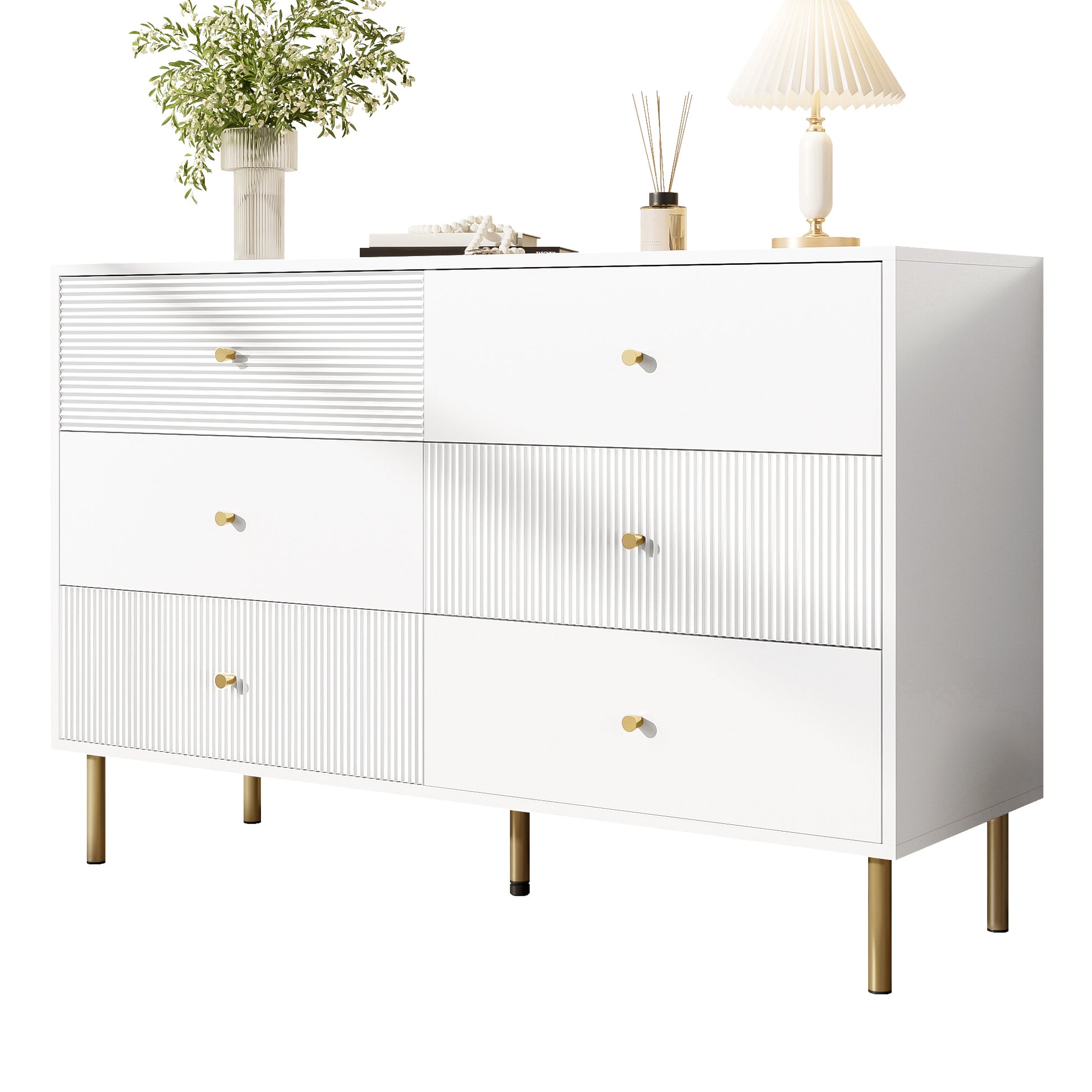 Gigab2b original image - Modernes 6-Schubladen-Kommode, Weiße Aufbewahrungs-Kommode mit Zinklegierung-Griffen & Stahlbeinen, 120×40×78cm MDF-Schrank für Schlafzimmer, Wohnzimmer, Eingangsbereich