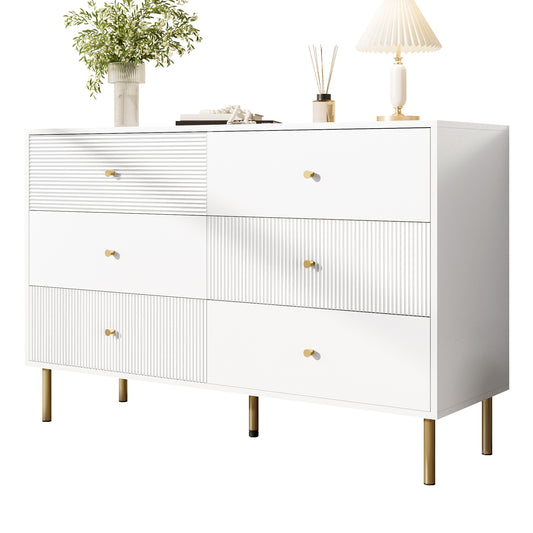 Gigab2b original image - Modernes 6-Schubladen-Kommode, Weiße Aufbewahrungs-Kommode mit Zinklegierung-Griffen & Stahlbeinen, 120×40×78cm MDF-Schrank für Schlafzimmer, Wohnzimmer, Eingangsbereich