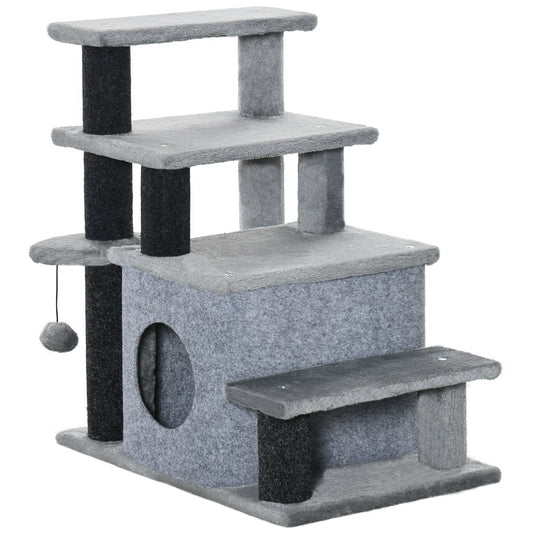 Gigab2b original image - Haustiertreppe 3/4-stufige Katzentreppe mit Schlafhöhle & Spielball, Plüschbezug, stabile Spanplatte für Katzen