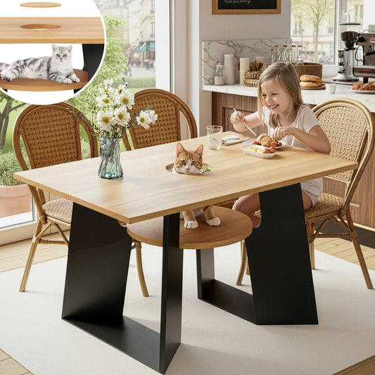 Gigab2b original image - Haustierfreundlicher Esszimmer-Küchentisch mit Haustierbereich & Ablagebrettchen, rechteckig für 6 Personen (130×85×75 cm), Naturholz-Schwarz Mix