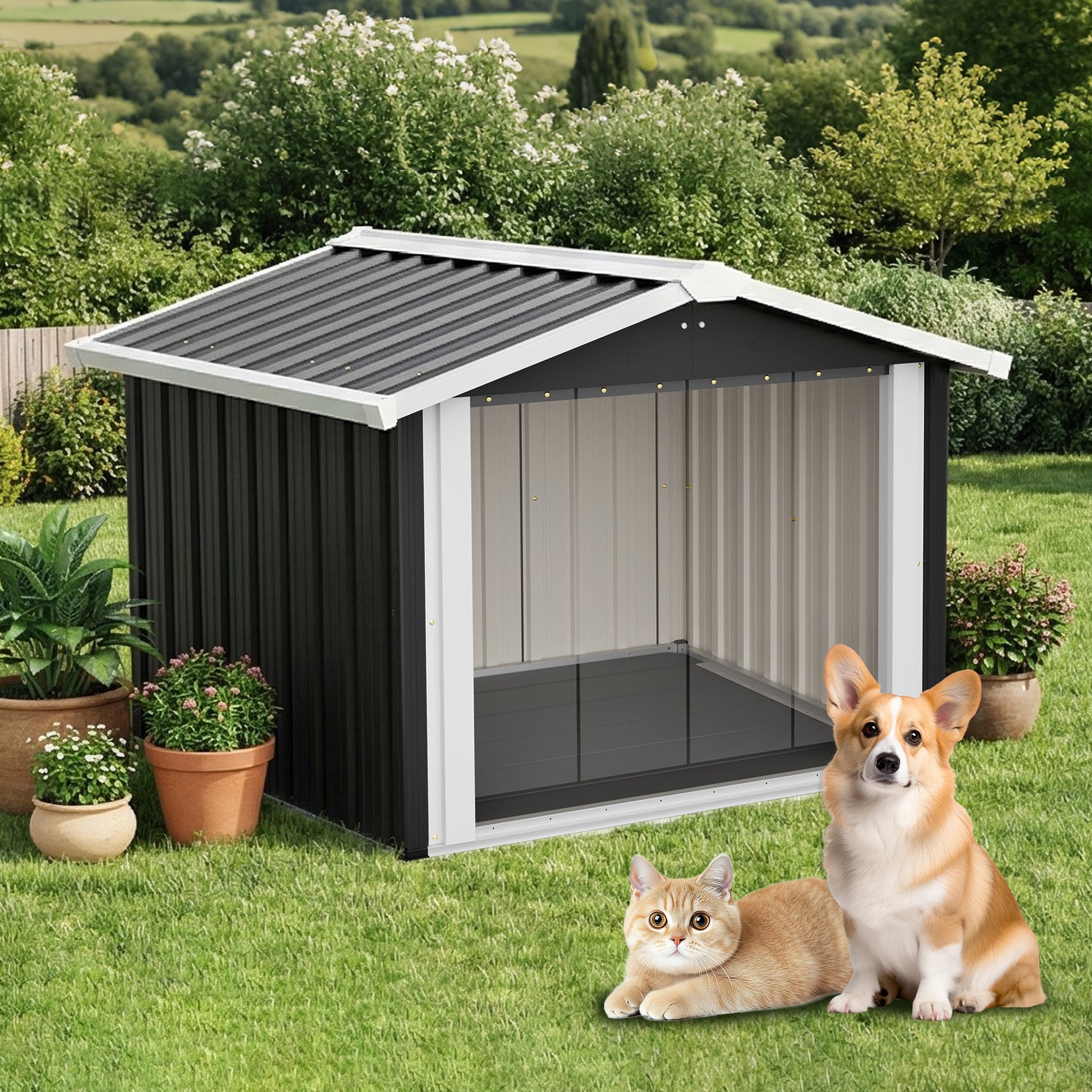 102x91x84cm Outdoor Dog House, Large Waterproof Pet House with Slanted Roof for Drainage, UV Protection & Ventilation, Weather Resistant Plastic Dog Kennel for Backyard Patio Camping – Grey