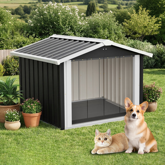 102x91x84cm Outdoor Dog House, Large Waterproof Pet House with Slanted Roof for Drainage, UV Protection & Ventilation, Weather Resistant Plastic Dog Kennel for Backyard Patio Camping – Grey