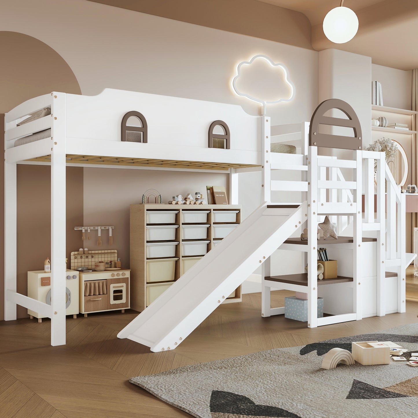 Gigab2b original image - Etagenbett, Kinderbett Mit Fenster, Mit Kinderrutsche, Treppen mit Handlauf, Mit 2 Schließfächer in der Treppe, Vielseitiges Design, Reichlich Stauraum, Kiefer+MDF, Weiß+Braun, 90x200cm