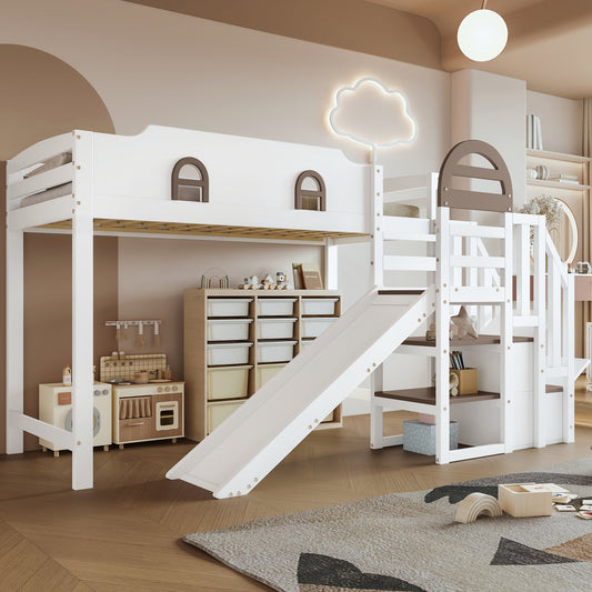 Gigab2b original image - Etagenbett, Kinderbett Mit Fenster, Mit Kinderrutsche, Treppen mit Handlauf, Mit 2 Schließfächer in der Treppe, Vielseitiges Design, Reichlich Stauraum, Kiefer+MDF, Weiß+Braun, 90x200cm