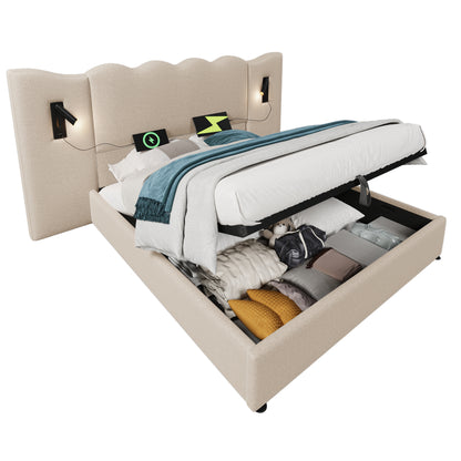 (=AB30748123B)Polsterbett Doppelbett 180×200 mit Leselampe und USB Type-C Ladefunktion, Stauraumbett Bettgestell mit Lattenrost aus Massivholz und Metall, Beige, Leinen (Ohne Matratze)