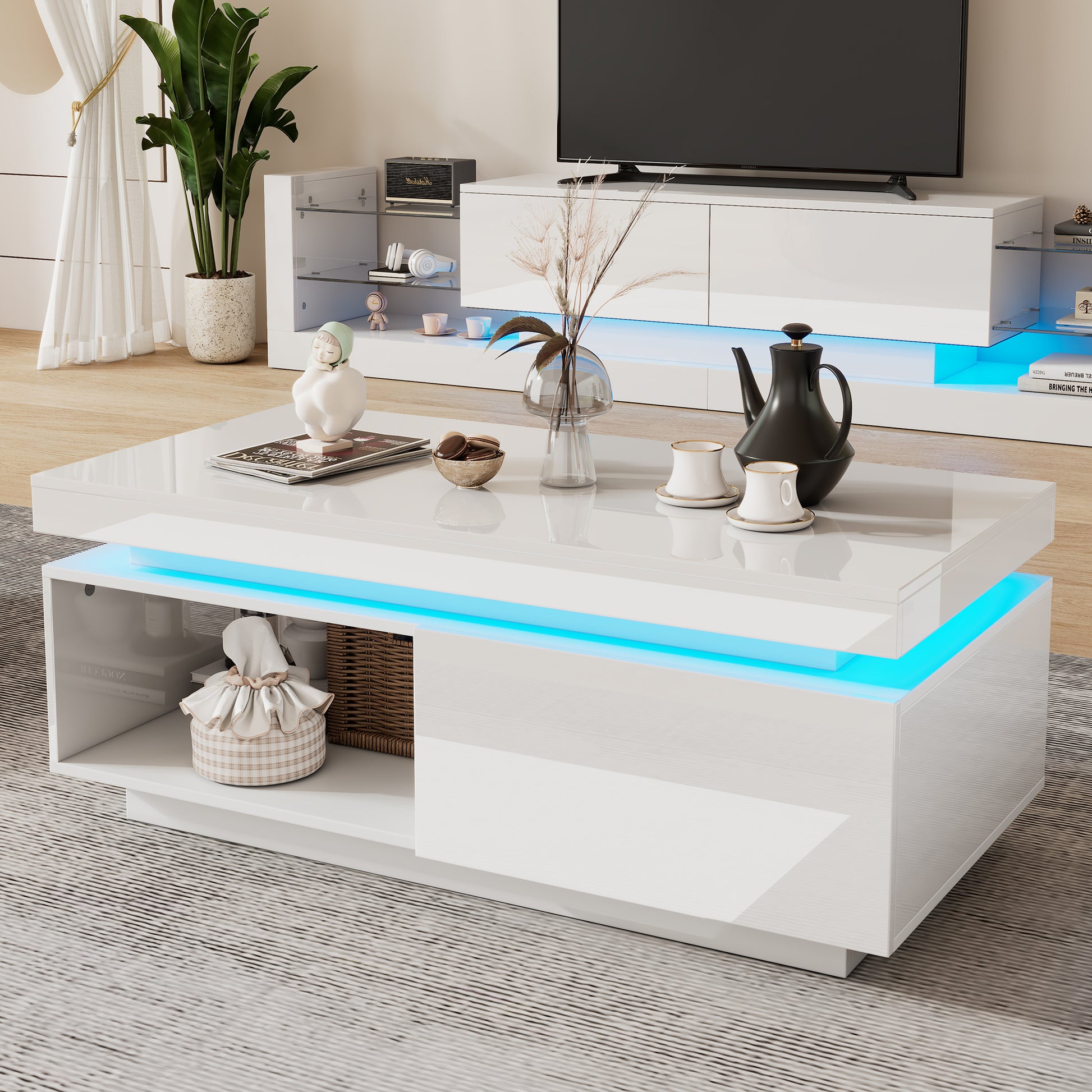 Gigab2b original image - Moderner Hochglanz-Couchtisch mit LED-Beleuchtung, 100x50x40,3 cm – Eleganter Tisch mit Schublade und 50 kg Tragkraft