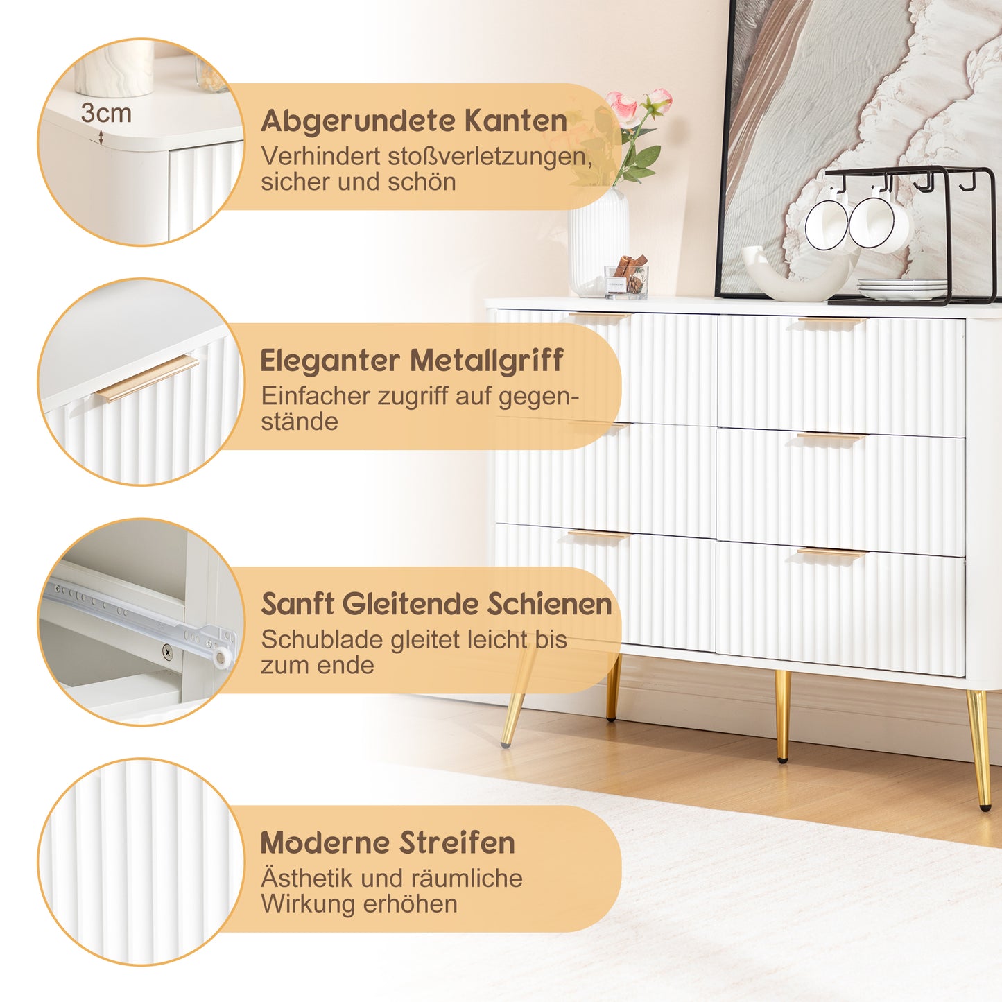 6-Drawer Dresser, Modern White Storage Chest with Metal Handles & Soft-Closing Slides, Sturdy MDF Bedroom Dresser for Living Room Hallway – Anti-Tip Device, 20cm Raised Legs for Robot Vacuum