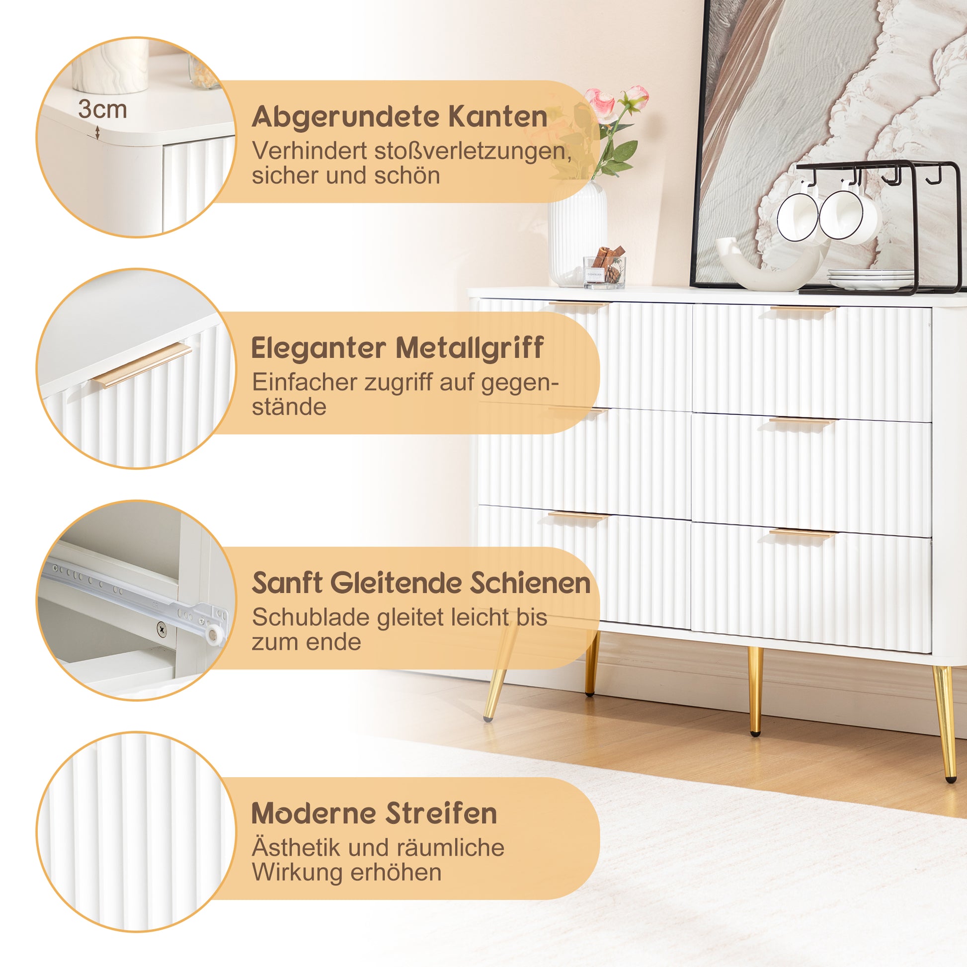 6-Drawer Dresser, Modern White Storage Chest with Metal Handles & Soft-Closing Slides, Sturdy MDF Bedroom Dresser for Living Room Hallway – Anti-Tip Device, 20cm Raised Legs for Robot Vacuum