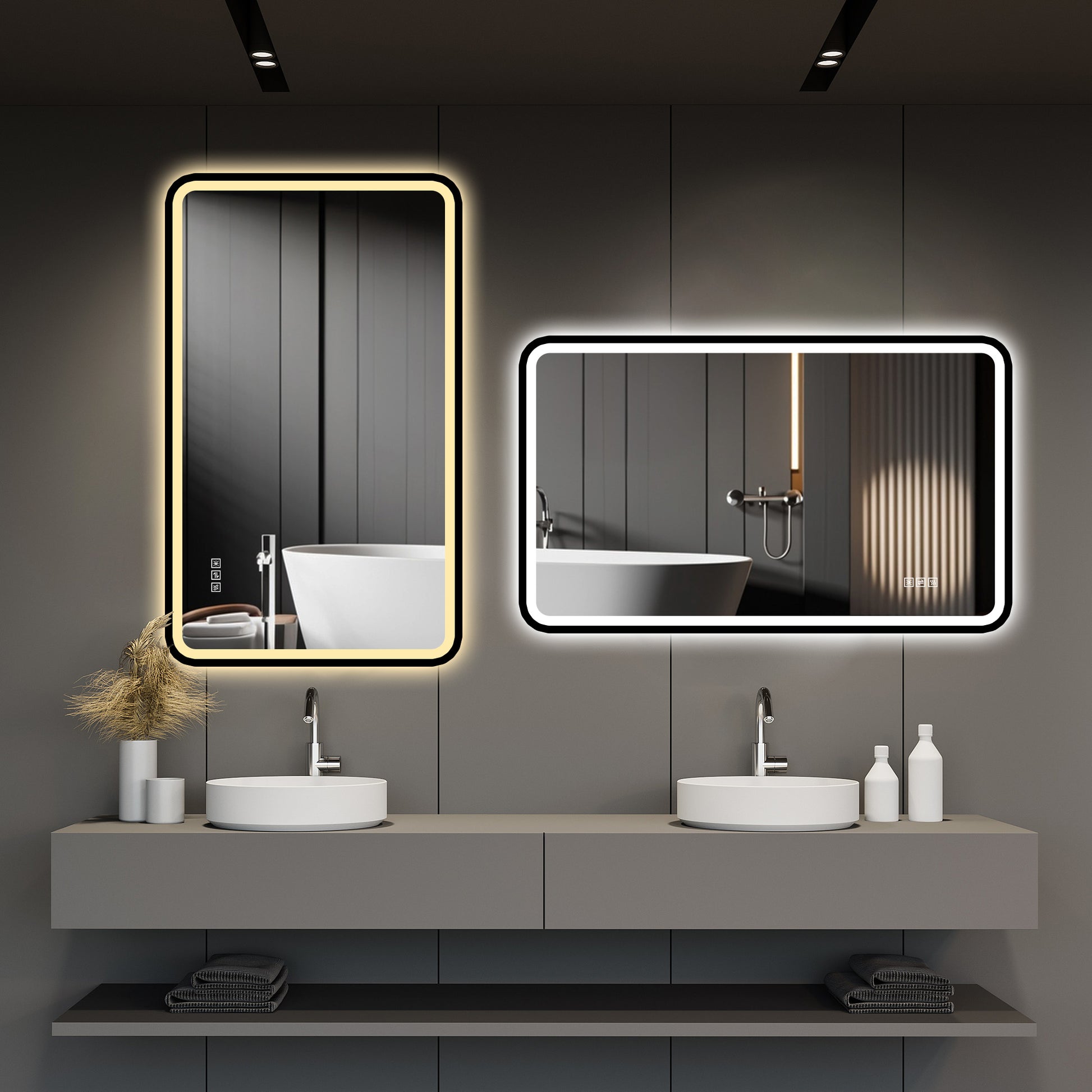 70×90cm LED Badezimmerspiegel mit schwarzem Aluminiumrahmen, Front- & Hintergrundbeleuchtung, Anti-Beschlag, 3 Lichtfarben, dimmbar, Memory-Funktion, horizontal & vertikal montierbar, IP44 wasserdich