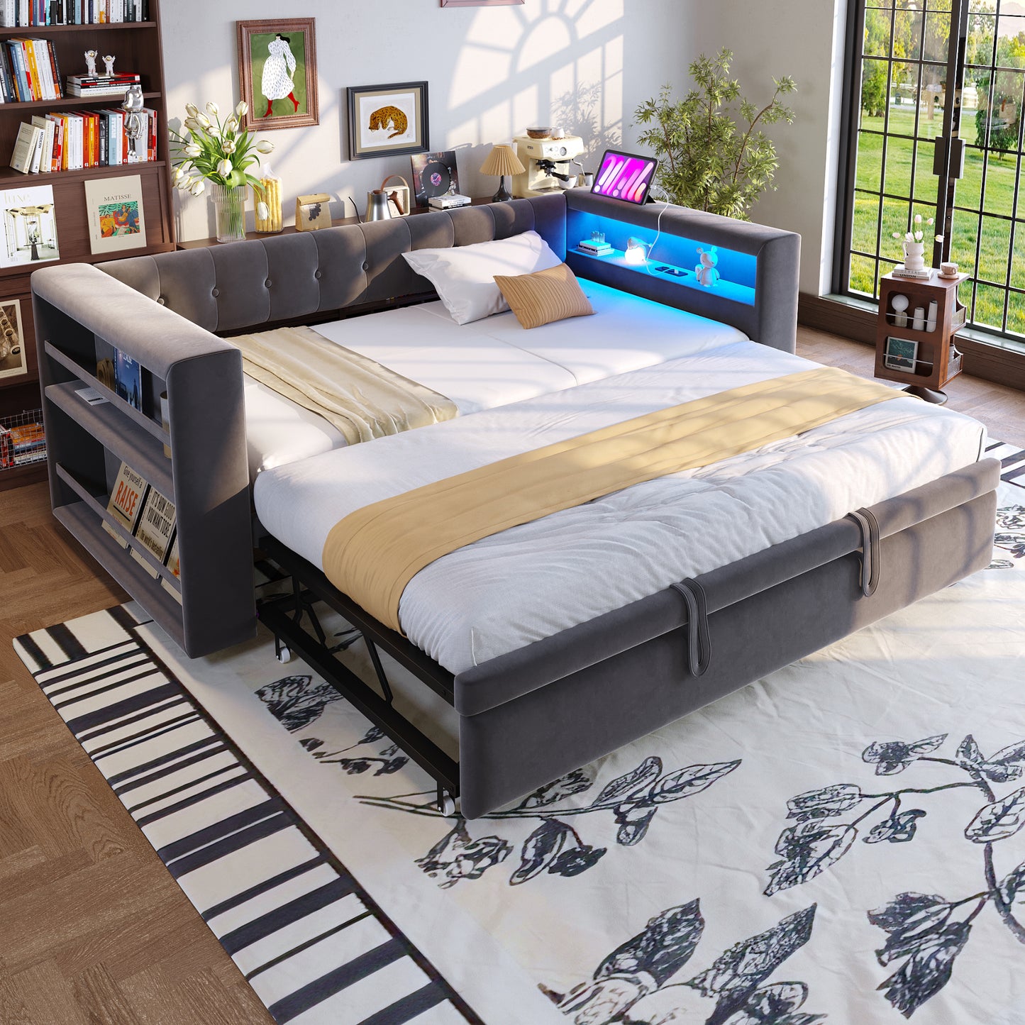 Gigab2b original image - Polsterbett 90/180 × 190 cm, mit LED-Beleuchtung, Steckdosen und viel Stauraum; Polsterbett, Multifunktionales Schlafsofa, Einzelbett, Dunkelgrau