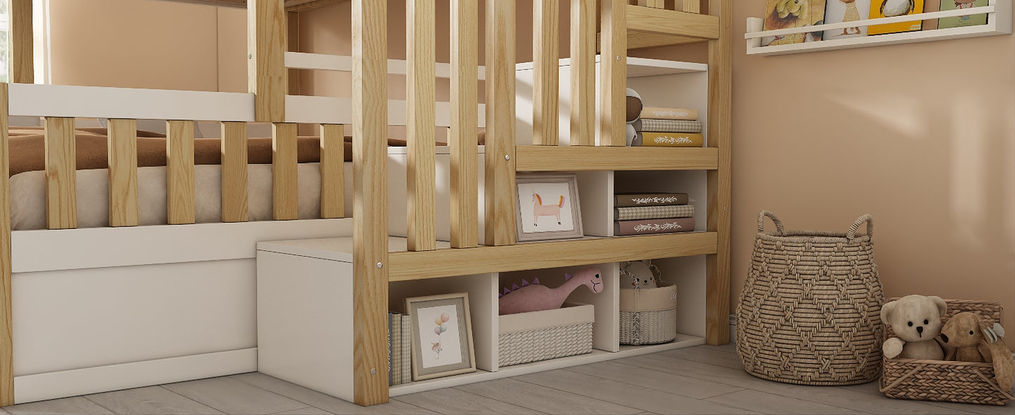 Children's Bunk Bed with Window and Safety Railing in White & Natural Wood