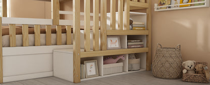 Children's Bunk Bed with Window and Safety Railing in White & Natural Wood