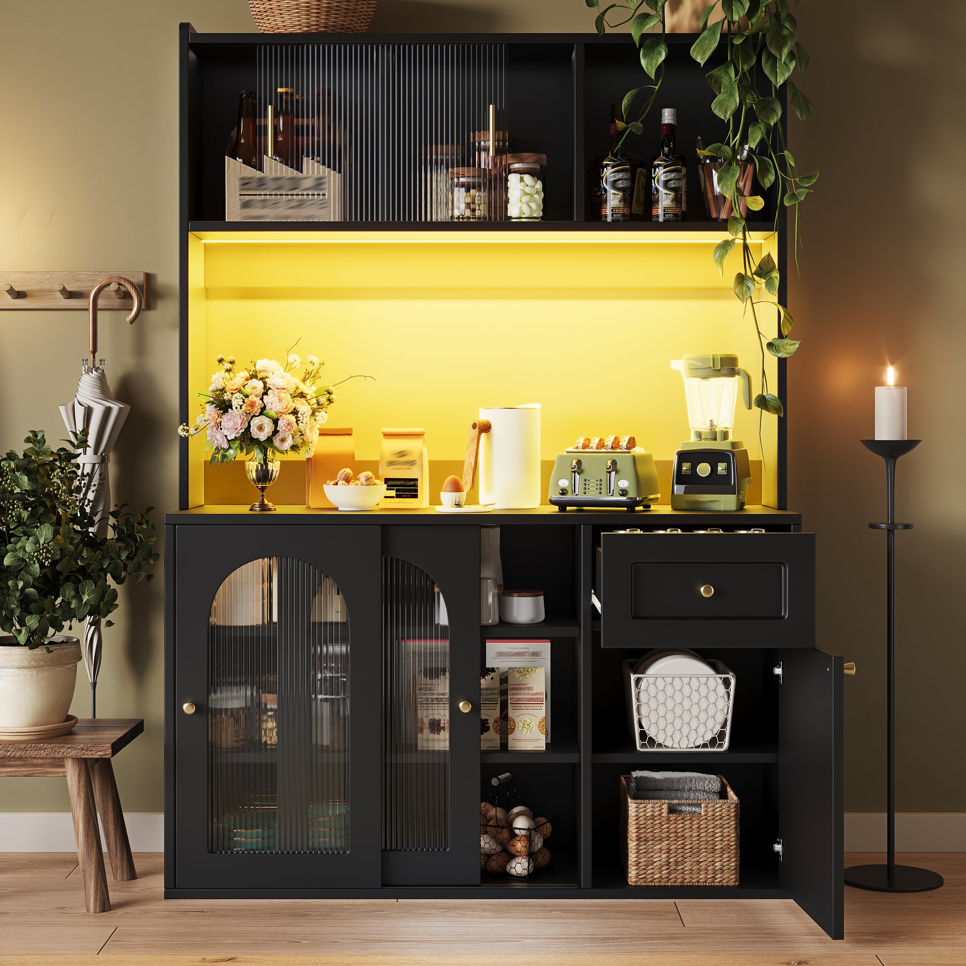 Gigab2b original image - Küchenschrank, Hochschrank, Vitrinenschrank, Buffetschrank mit Verstellbaren Ablagen, Esszimmerschrank, Sideboard mit LED-Beleuchtung, schwarz