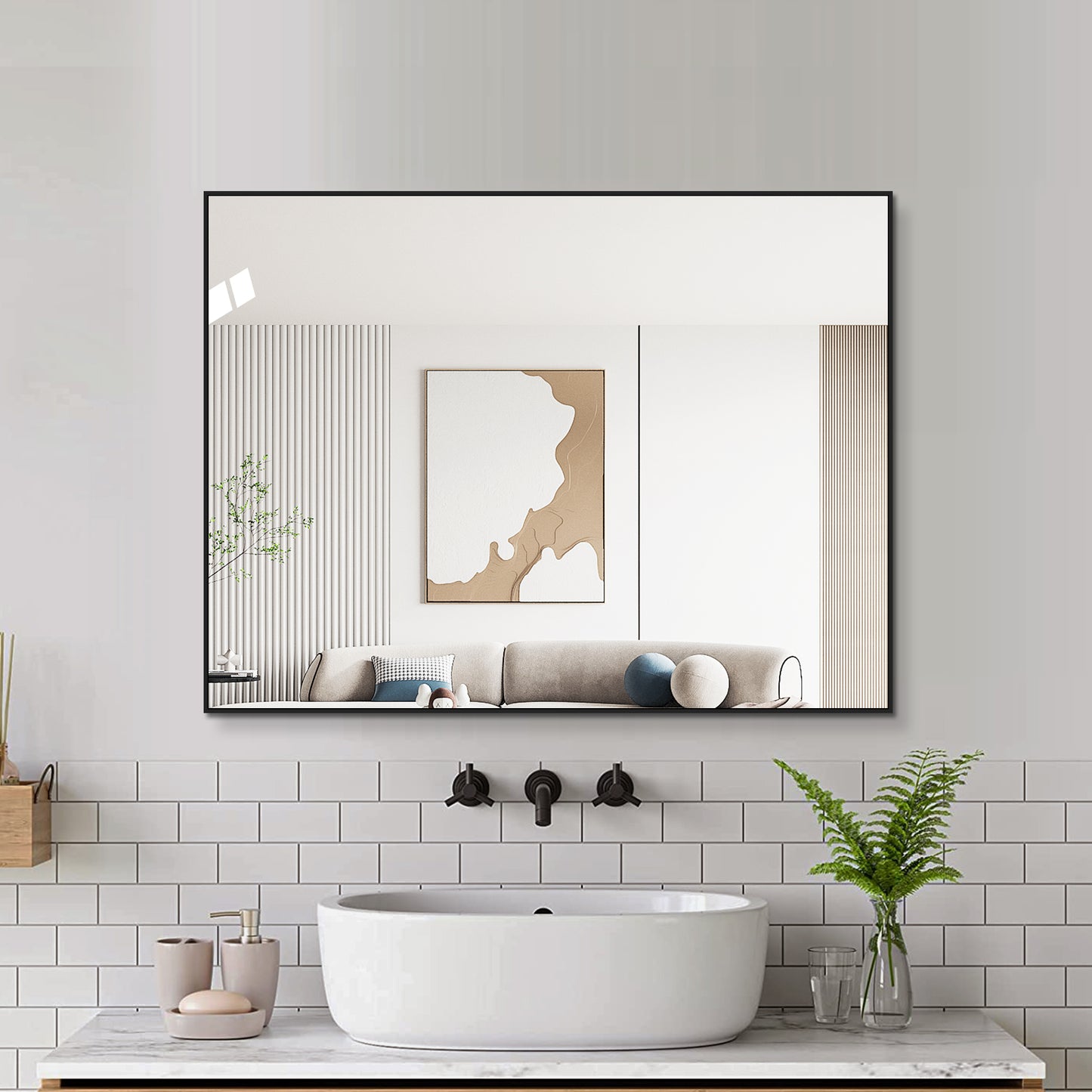 60x80cm Badezimmerspiegel mit Schwarzem Aluminiumrahmen, Kupferfreier HD-Wandspiegel, Horizontal & Vertikal montierbar, Für Bad, Flur und Ankleidezimmer