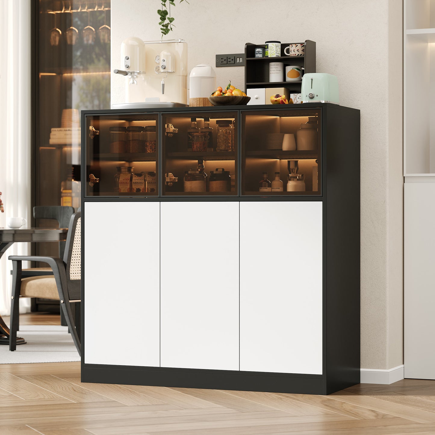 Sideboard,Küchenschrank, Aufbewahrungsschrank. Geeignet für Wohnzimmer, Küche, Esszimmer, mit Beleuchtung, 3 Glastüren, 3 weiße Türen, 100 x 40 x 105 cm, (Old Sku: N657P36865556S)