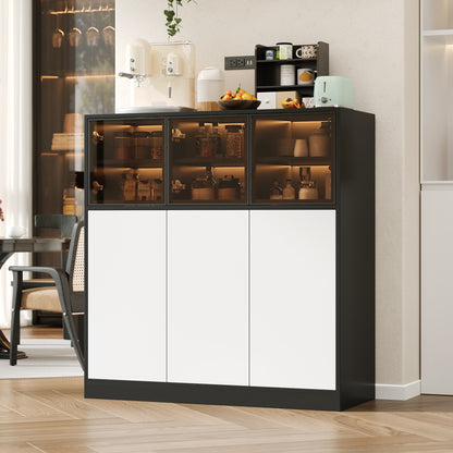 Sideboard,Küchenschrank, Aufbewahrungsschrank. Geeignet für Wohnzimmer, Küche, Esszimmer, mit Beleuchtung, 3 Glastüren, 3 weiße Türen, 100 x 40 x 105 cm, (Old Sku: N657P36865556S)