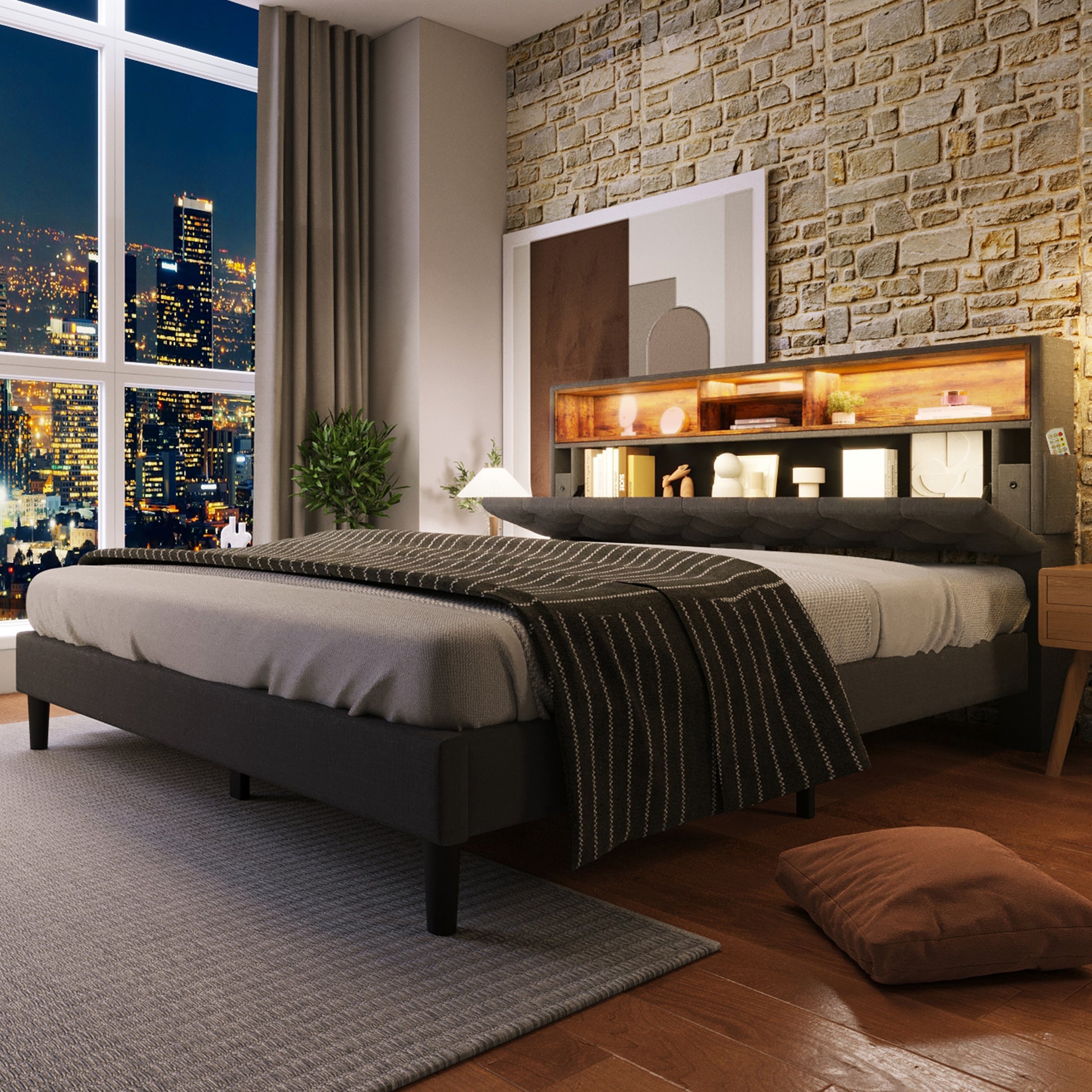 Gigab2b original image - Polsterbett Doppelbett Stauraum-Kopfteil Bett mit LED-Beleuchtung Bettgestell Lattenrost aus Holz,140*200CM Grau(Ohne Matratze)