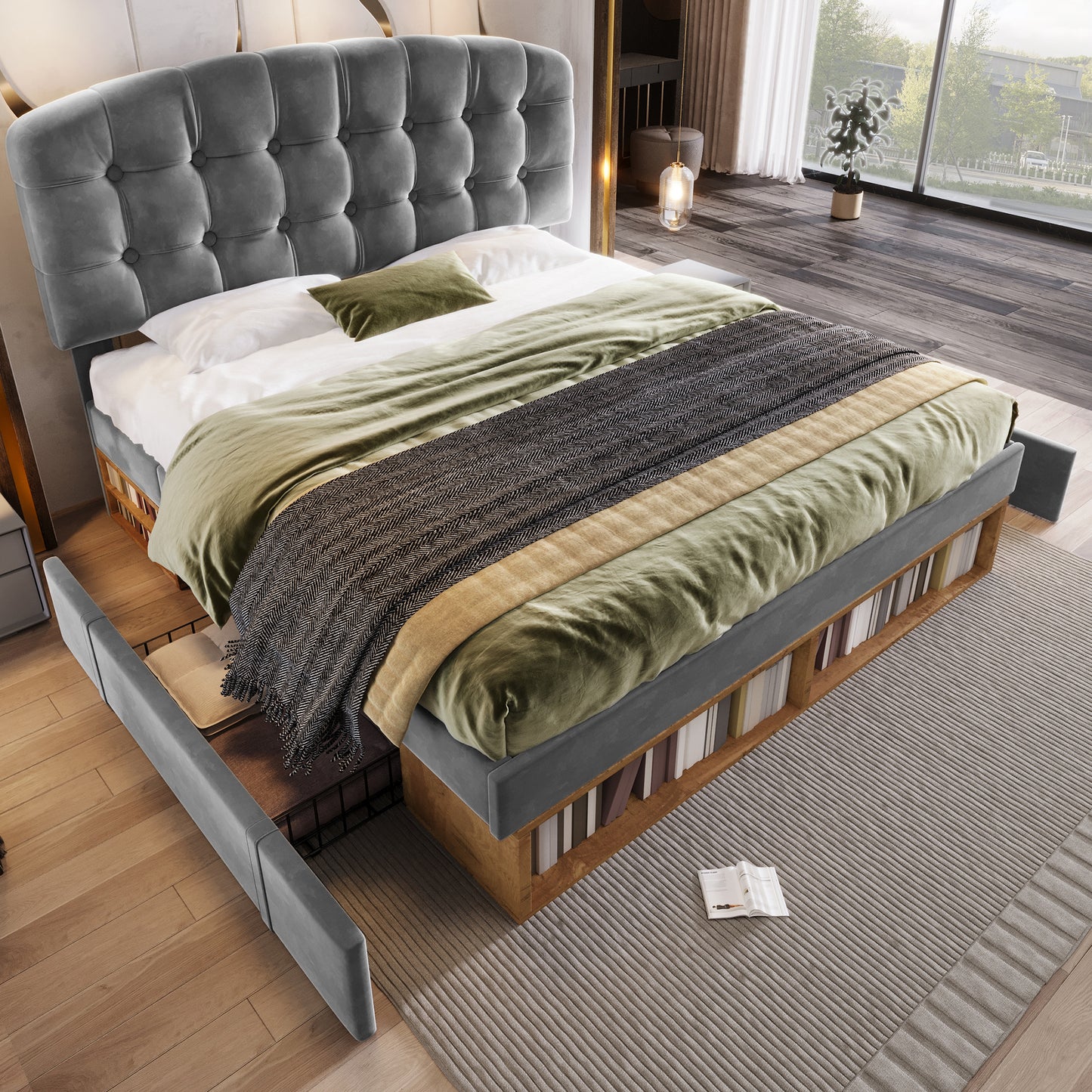 Gigab2b original image - Doppelbett 140x200 Polsterbett Samt Grau mit Lattenrost, Bettgestell mit gebogenem höhenverstellbarem Kopfteil, Bett mit Schubladen und Stauraum, Schlafzimmer Polsterbett ohne Matratze.