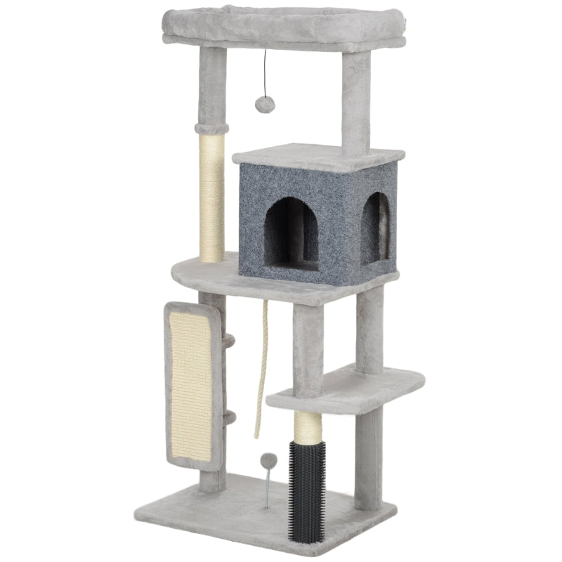 132 cm Katzenbaum mit Kratzpfosten, Bett, Haus, Sprungplattformen, Pflegebürste, Hellgrau