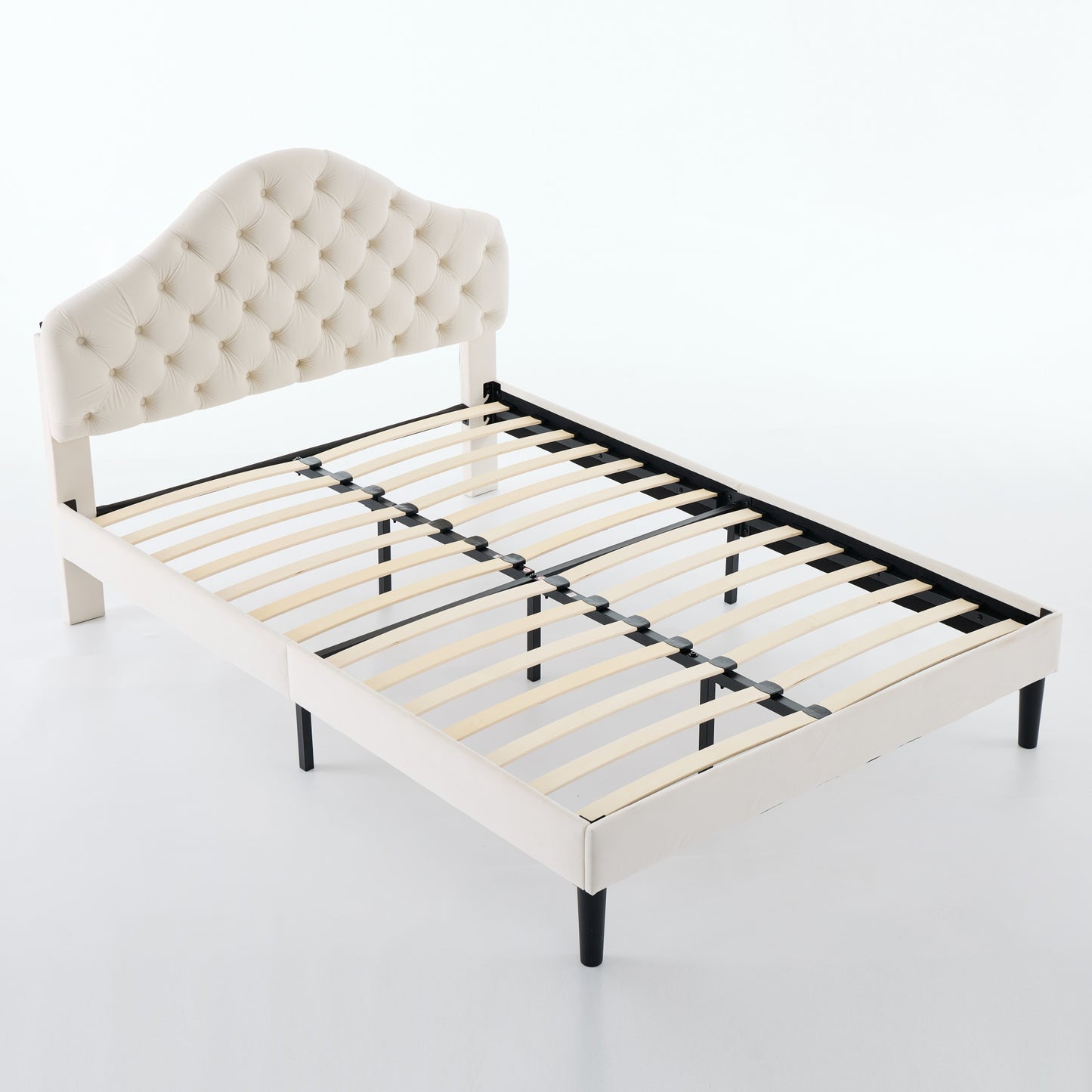 Full Size Upholstered Platform Bed Frame with Adjustable Headboard, Velvet Single Bed with Wood Slat