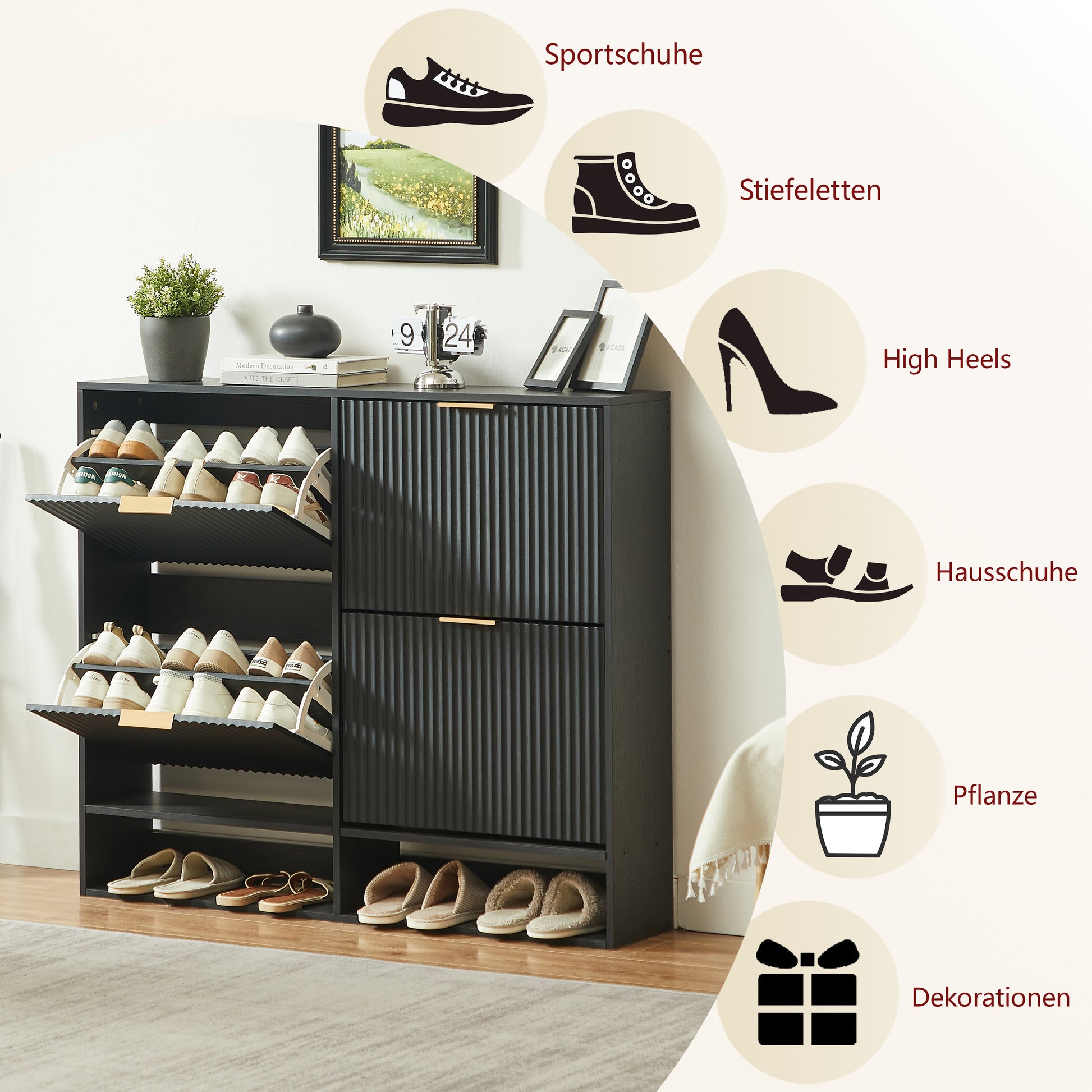 120 x 24 cm Schuhschrank mit Nutfront – Höhenverstellbar mit Kippschutz und Dekotisch für den Flur, in Schwarz