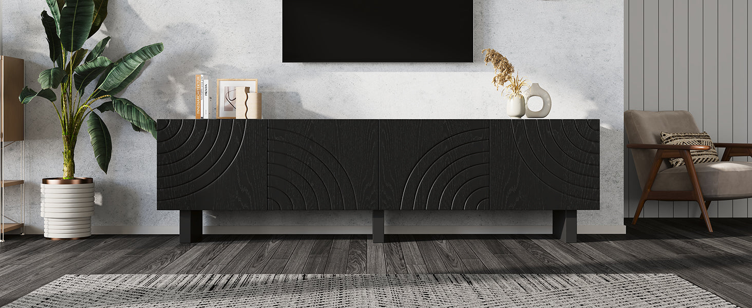 180 × 40 × 55 cm Schwarzes TV-Bank aus Spanplatte, Modernes Lowboard mit Struktur für Wohnzimmer,Fernsehschrank mit 4 Türen, TV-Halterung, Aufbewahrungsschrank.Geeignet für 75-Zoll-Fernseher