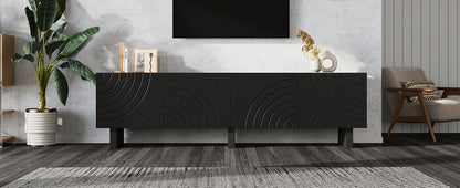 180 × 40 × 55 cm Schwarzes TV-Bank aus Spanplatte, Modernes Lowboard mit Struktur für Wohnzimmer,Fernsehschrank mit 4 Türen, TV-Halterung, Aufbewahrungsschrank.Geeignet für 75-Zoll-Fernseher