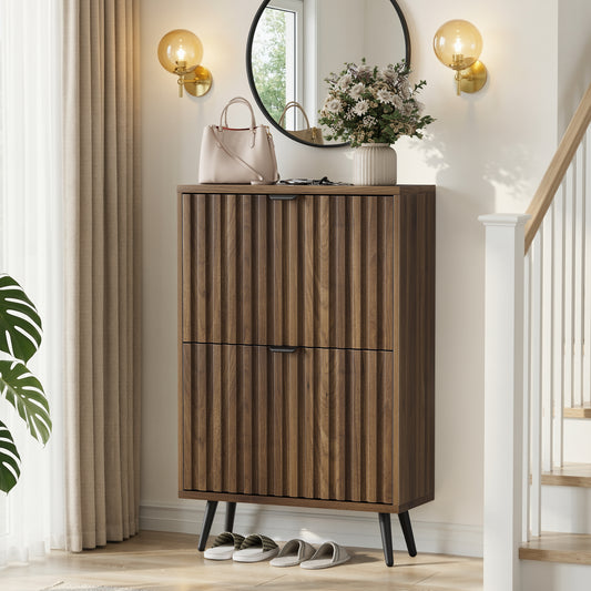 60 cm Schuhschrank aus Walnussholz – Freistehende Schuhaufbewahrung im Mid-Century-Modern-Stil mit zwei Klappfächern und gerilltem Design – Ideal für Flure und Eingangsbereiche